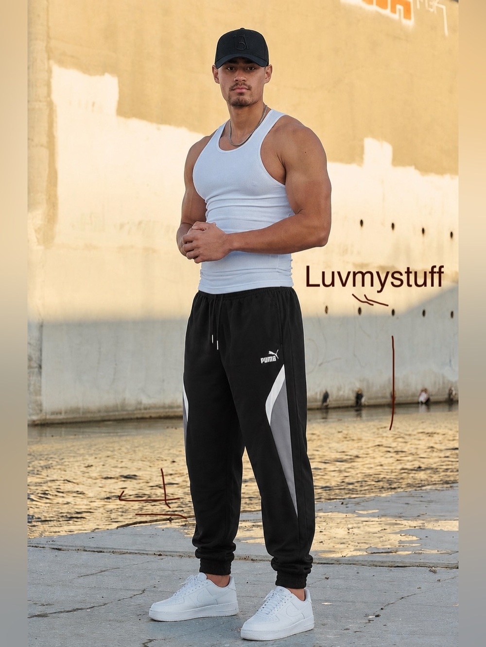 Puma Black Track Pants Joggers with Gray & White Accents